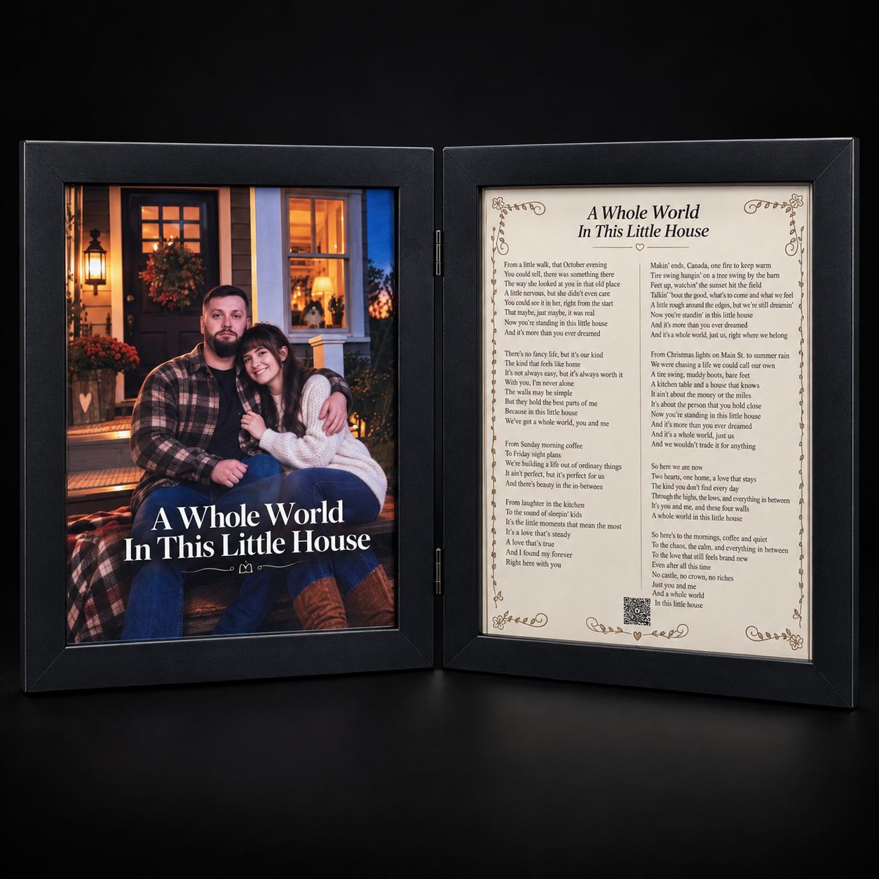 Customer Gallery Framed custom song keepsake for Mollie and Kevin featuring their photo and the lyrics to A Whole World in This Little House