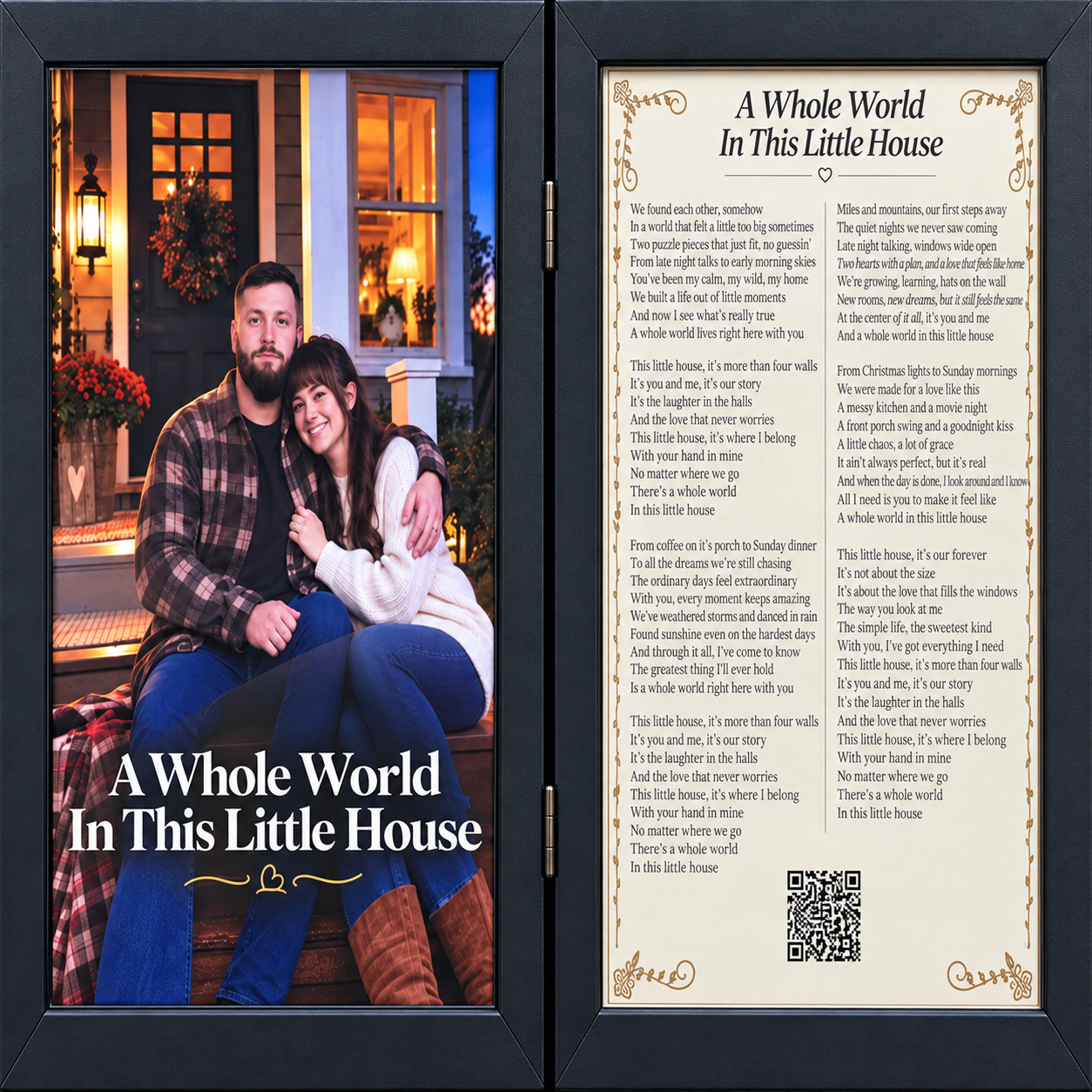 Framed custom song keepsake for Mollie and Kevin featuring their photo and the lyrics to A Whole World in This Little House